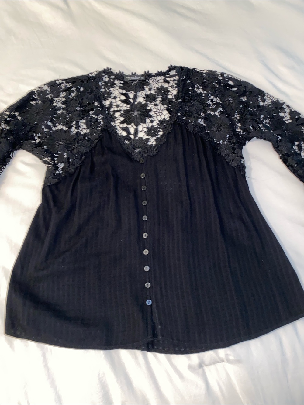 Elegant Black Lace Yoke Button-Down Top